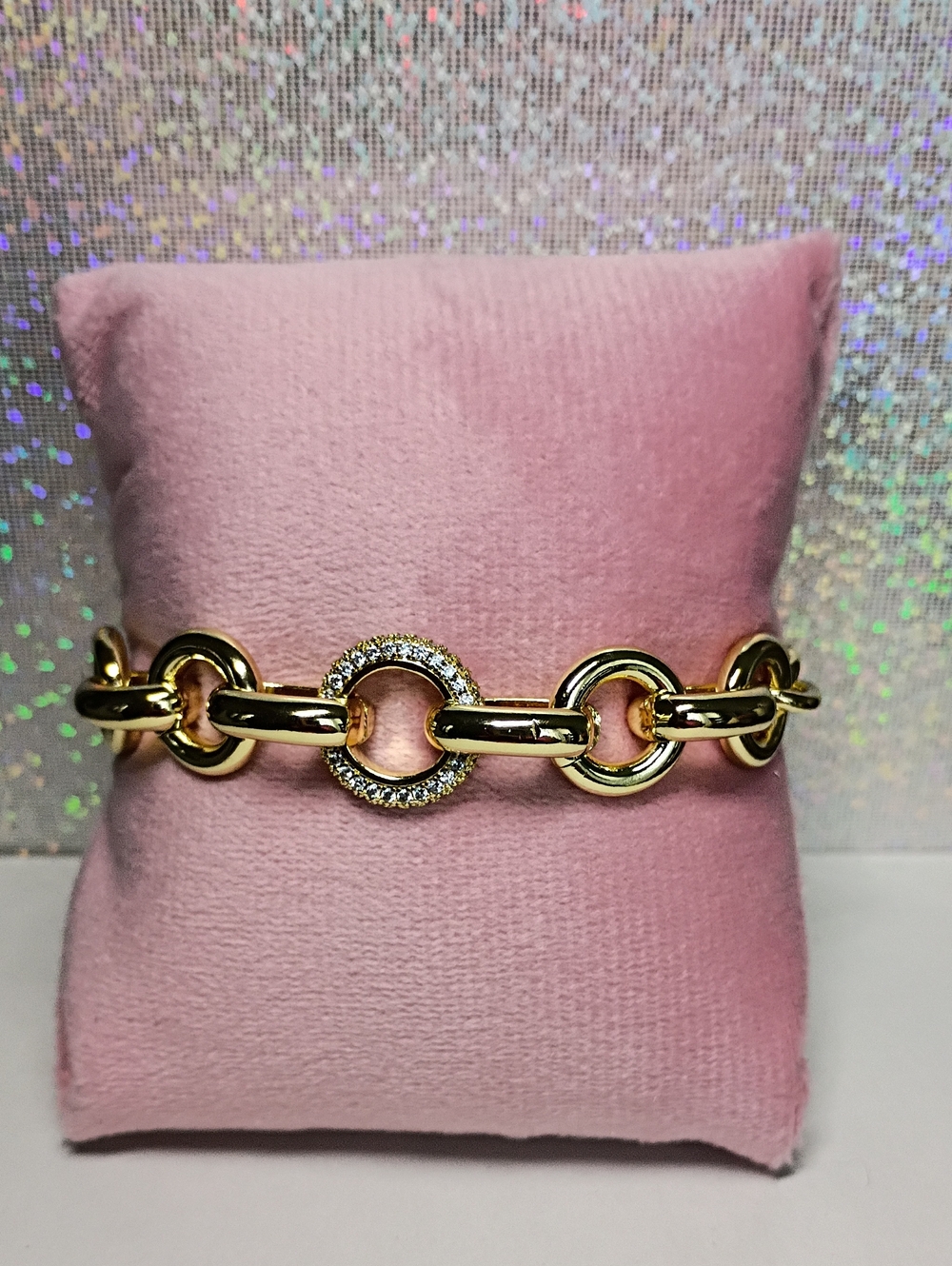 New Gold Plated Circular Link Bracelet with Pavé Accent Toggle Closure